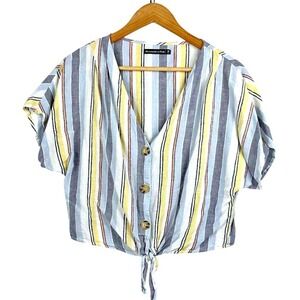 Abercrombie Fitch Women's Size M Linen Blend Striped Shirt Crop Tie Front
